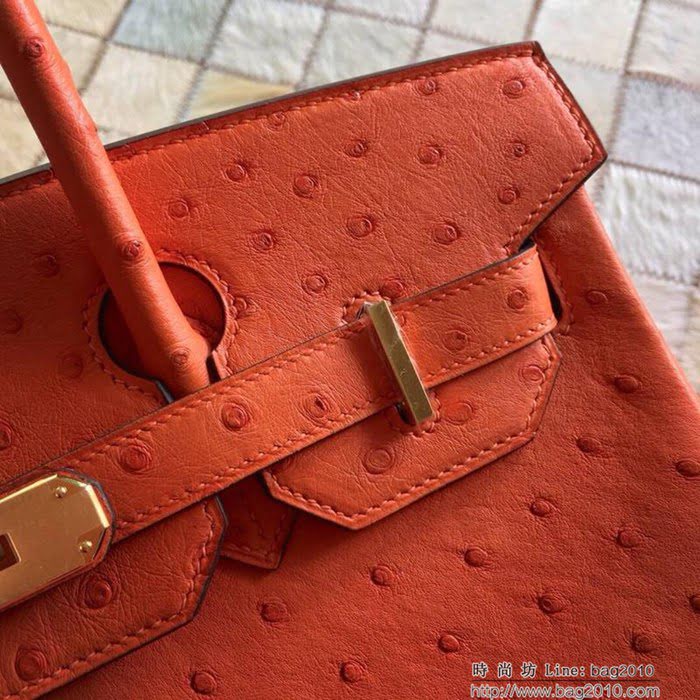 HERMES愛馬仕 鉑金包 Birkin 30 南非原產KK級鴕鳥皮 頂級工藝 血橙 手縫蠟線 手提包  Ama1237